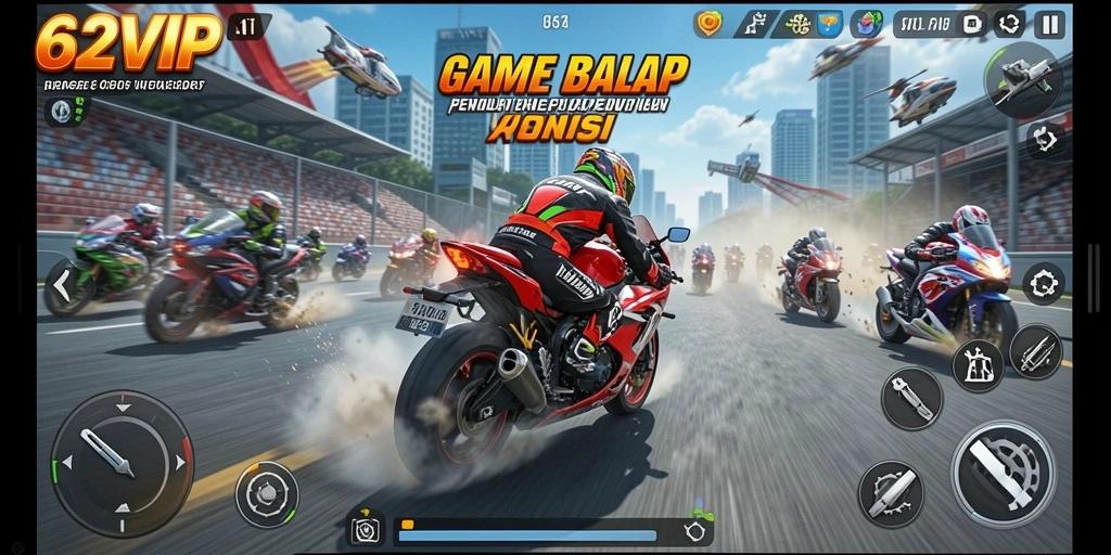 Tangkapan layar permainan 62VIP menampilkan aksi balap motor yang mendebarkan.