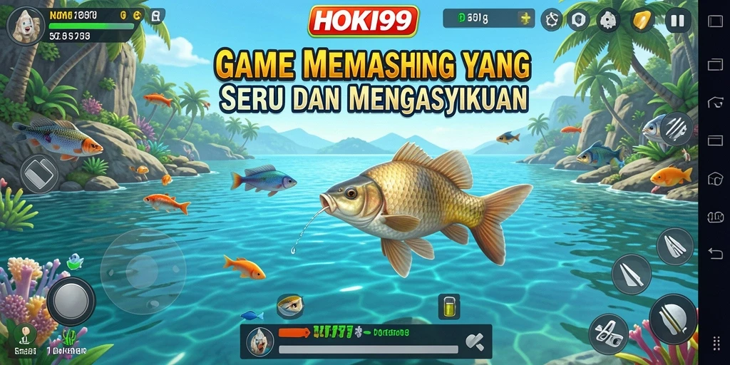 Screenshot utama HOKI99 menampilkan aksi seru saat memancing ikan.