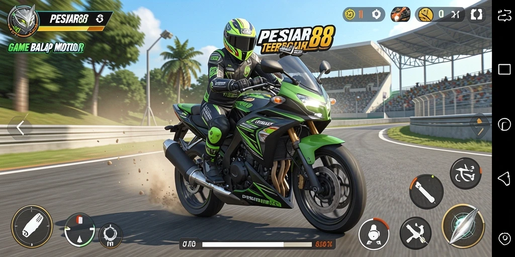Screenshot gameplay PESIAR88 menampilkan balapan motor yang mendebarkan.