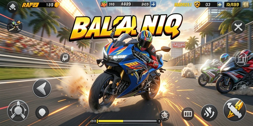 Screenshot menampilkan gameplay balapan motor yang mendebarkan dan berkecepatan tinggi.