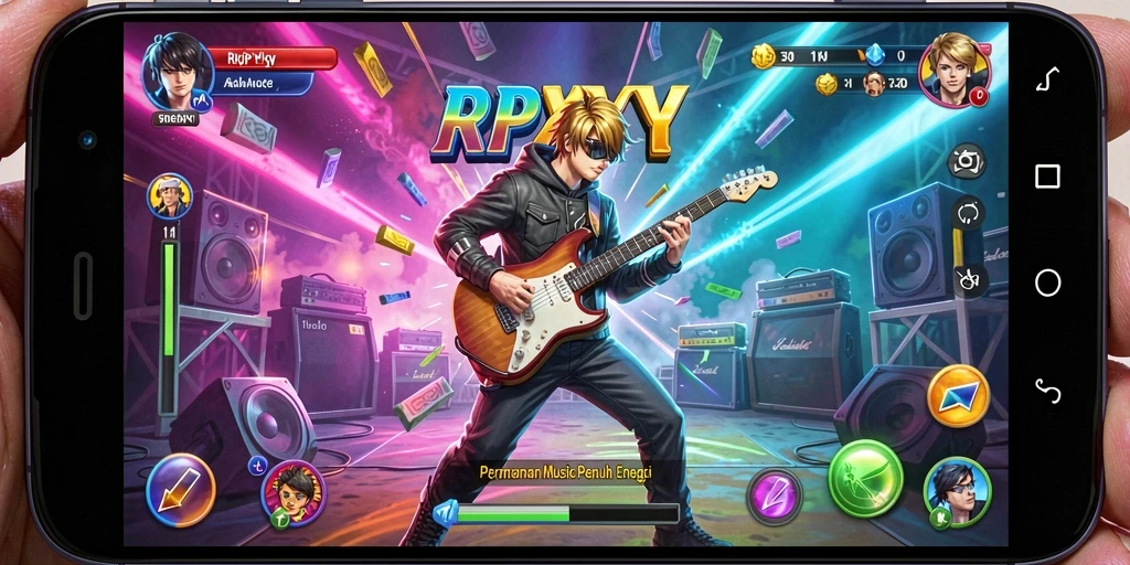 Tampilan gameplay RPYYY yang penuh warna dan dinamis saat memainkan musik.